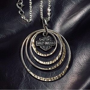 HD Harley Davidson Long 925 Sterling Silver Layered Circle Pendant Necklace 30”